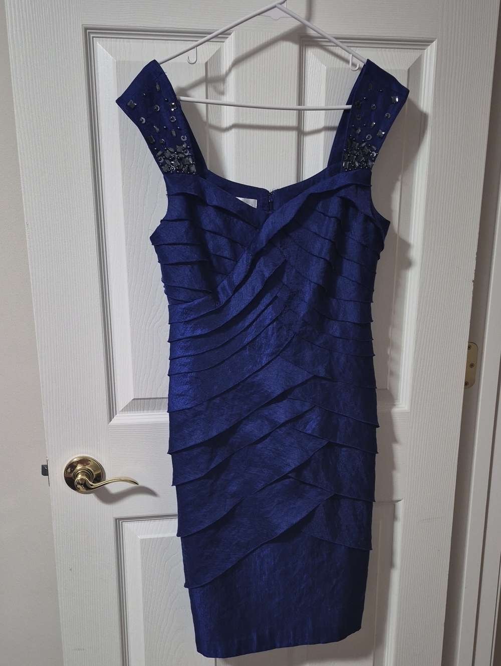 London Times Royal Blue Tiered Sheath Dress with Embellished Straps